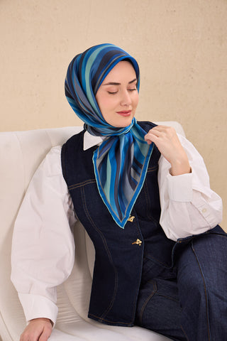 Twill İpek Eşarp Kıvrımlı Şerit Koyu Mavi 90x90 - | Silk Home