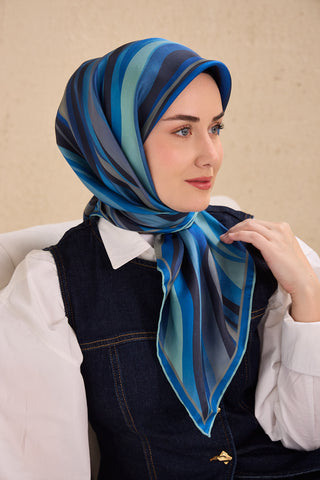 Twill İpek Eşarp Kıvrımlı Şerit Koyu Mavi 90x90 - | Silk Home