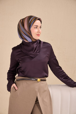 Twill İpek Eşarp Kıvrımlı Şerit Kahverengi 90x90