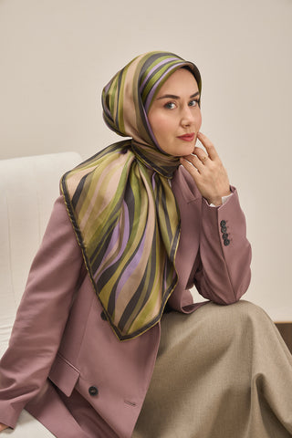 Twill İpek Eşarp Kıvrımlı Şerit Yeşil Bej 90x90