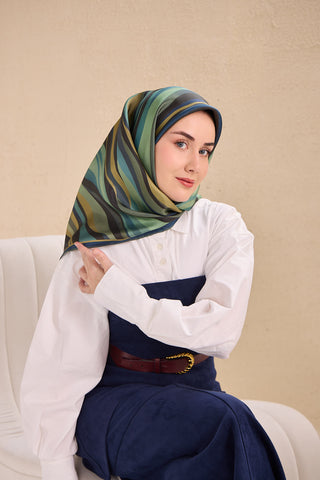 Twill İpek Eşarp Kıvrımlı Şerit Gece Mavi Yeşil90x90