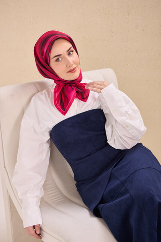 Twill İpek Eşarp Kıvrımlı Şerit Fuşya 90x90