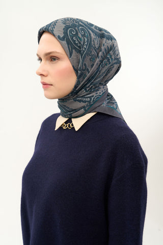 Viscose Velora Scarf, Four Seasons, Etro Pattern, Petrol Green, 90x90 cm 