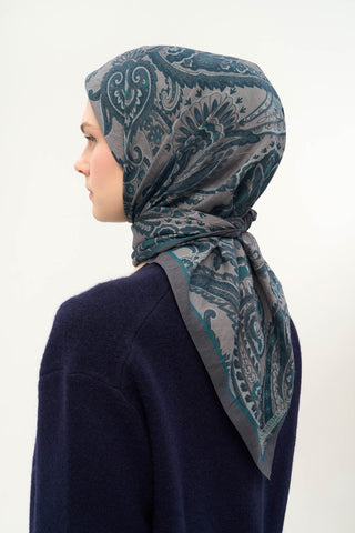 Viscose Velora Scarf, Four Seasons, Etro Pattern, Petrol Green, 90x90 cm 