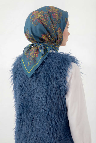 Viscose Velora Scarf, Four Seasons, Baroque Floral Pattern, Petrol Blue, 90x90 cm 