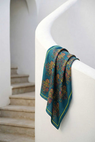 Viscose Velora Scarf, Four Seasons, Baroque Floral Pattern, Petrol Blue, 90x90 cm 