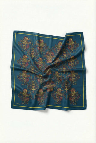 Viscose Velora Scarf, Four Seasons, Baroque Floral Pattern, Petrol Blue, 90x90 cm 