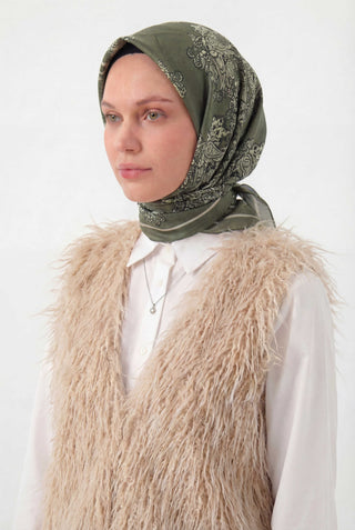 Viskon Velora Eşarp Dört Mevsim Barok Floral Desen Haki 90X90