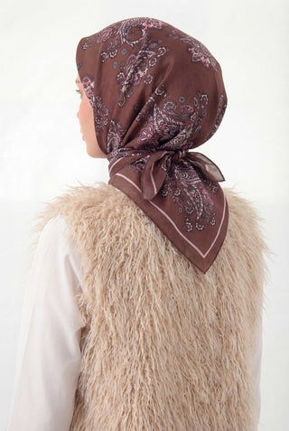 Viscose Velora Scarf, Four Seasons, Baroque Floral Pattern, Light Brown, 90x90 cm. 