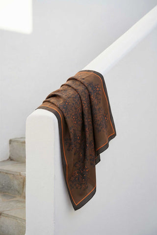 Viscose Velora Scarf, Four Seasons, Baroque Floral Pattern, Smoky Grey, 90x90 cm. 
