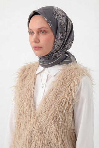 Viskon Velora Eşarp Dört Mevsim Barok Floral Desen Gri Beyaz 90X90