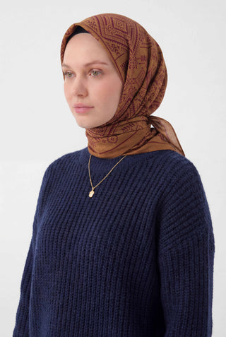 Viscose Velora Scarf, Four Seasons, Kilim Pattern, Cinnamon, 90x90 cm 
