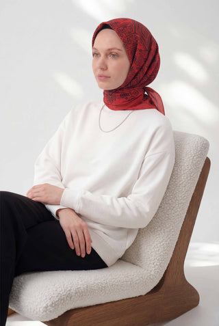Viscose Velora Scarf, Four Seasons, Kilim Pattern, Red, 90x90 cm 