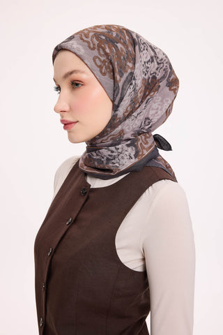 Viscose Velora Scarf, Four Seasons Kilim Pattern, Light Gray, 90x90 cm 