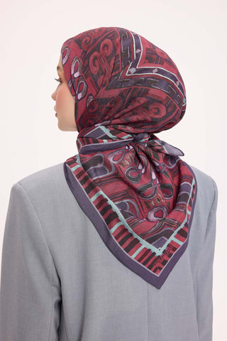 Viscose Velora Scarf, Four Seasons Kilim Pattern, Light Gray, 90x90 cm 