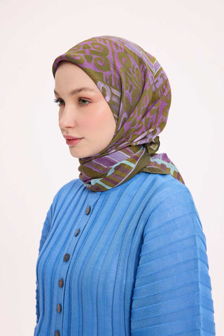 Viscose Velora Scarf, Four Seasons Kilim Pattern, Light Gray, 90x90 cm 