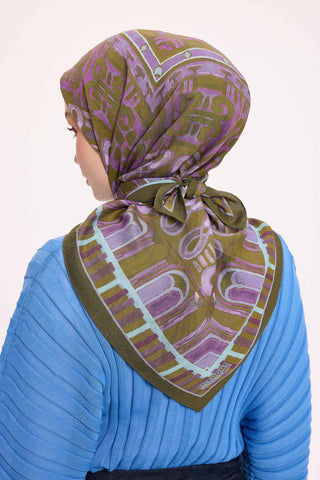 Viscose Velora Scarf, Four Seasons Kilim Pattern, Light Gray, 90x90 cm 
