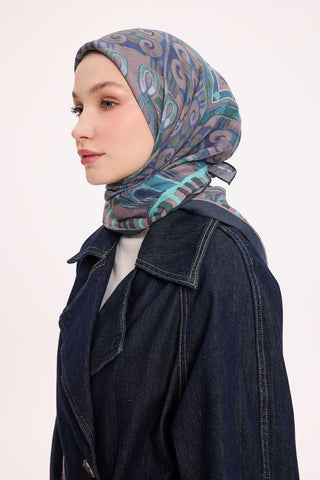 Viscose Velora Scarf, Four Seasons Kilim Pattern, Light Gray, 90x90 cm 