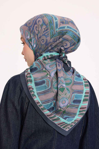Viscose Velora Scarf, Four Seasons Kilim Pattern, Light Gray, 90x90 cm 