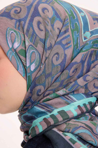 Viscose Velora Scarf, Four Seasons Kilim Pattern, Light Gray, 90x90 cm 