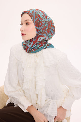 Viscose Velora Scarf, Four Seasons Kilim Pattern, Light Gray, 90x90 cm 