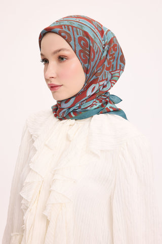Viscose Velora Scarf, Four Seasons Kilim Pattern, Light Gray, 90x90 cm 