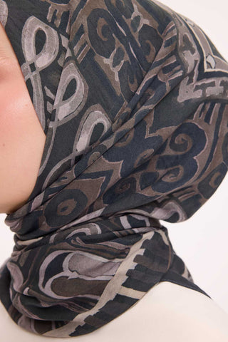 Viscose Velora Scarf, Four Seasons Kilim Pattern, Light Gray, 90x90 cm 