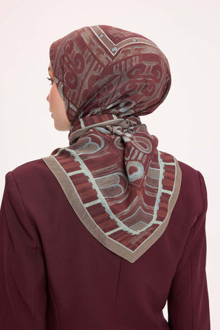 Viskon Velora Eşarp Dört Mevsim Antik Motif Desen Kiremit Bordo 90X90