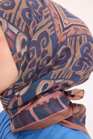 Viscose Velora Scarf, Four Seasons Kilim Pattern, Light Gray, 90x90 cm 