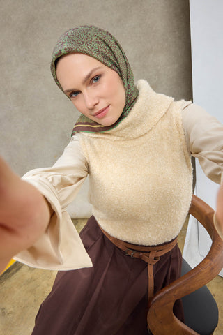 Tencel Monare Eşarp Madalyon Desen Kahverengi 90X90
