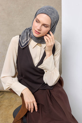 Viscose Velora Scarf, Four Seasons, Baroque Floral Pattern, Espresso, 90x90 cm 
