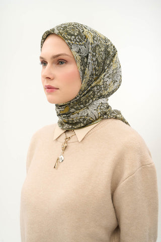 Viscose Velora Scarf, Four Seasons, Baroque Floral Pattern, Espresso, 90x90 cm 