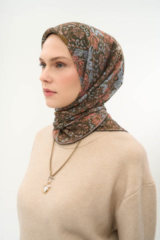 Viscose Velora Scarf, Four Seasons, Baroque Floral Pattern, Espresso, 90x90 cm 