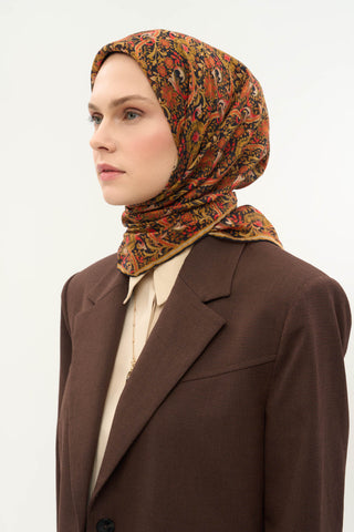 Viscose Velora Scarf, Four Seasons, Baroque Floral Pattern, Espresso, 90x90 cm 