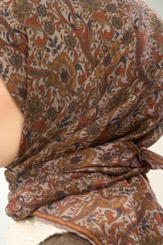 Viscose Velora Scarf, Four Seasons, Baroque Floral Pattern, Espresso, 90x90 cm 