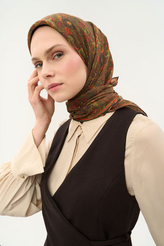 Viscose Velora Scarf, Four Seasons, Baroque Floral Pattern, Espresso, 90x90 cm 