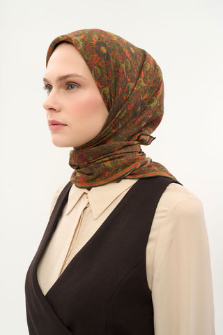 Viscose Velora Scarf, Four Seasons, Baroque Floral Pattern, Espresso, 90x90 cm 