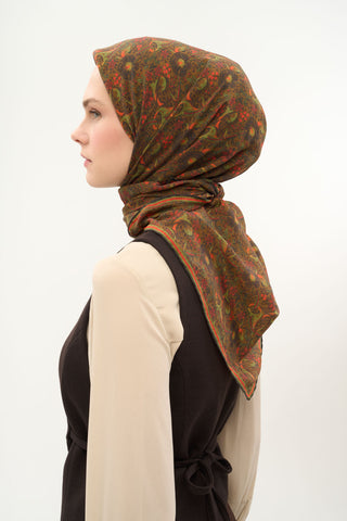 Viscose Velora Scarf, Four Seasons, Baroque Floral Pattern, Espresso, 90x90 cm 