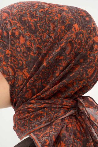 Viscose Velora Scarf, Four Seasons, Baroque Floral Pattern, Espresso, 90x90 cm 