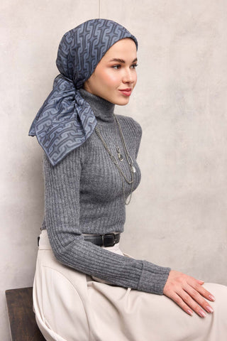 Pamuk Polyester Soft Eşarp Geometrik Desen Açık Mavi 90*90