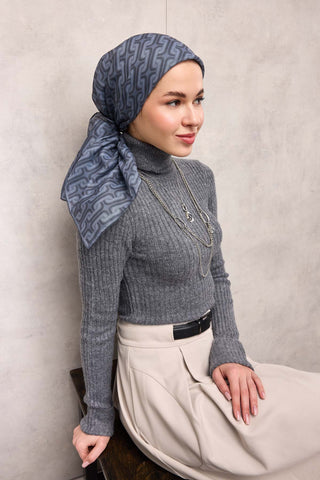 Pamuk Polyester Soft Eşarp Geometrik Desen Açık Mavi 90*90