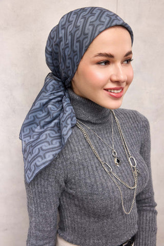 Pamuk Polyester Soft Eşarp Geometrik Desen Açık Mavi 90*90