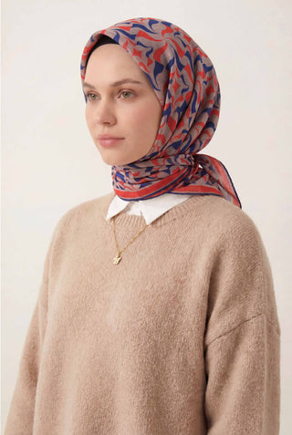 Pamuk Karışımlı Eşarp Somon Geometrik Dalga Desen Soft Dokulu Kaymaz 90X90