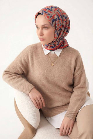 Pamuk Karışımlı Eşarp Somon Geometrik Dalga Desen Soft Dokulu Kaymaz 90X90
