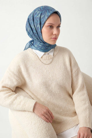 Pamuk Karışımlı Eşarp Lila Geometrik Dalga Desen Soft Dokulu Kaymaz 90X90