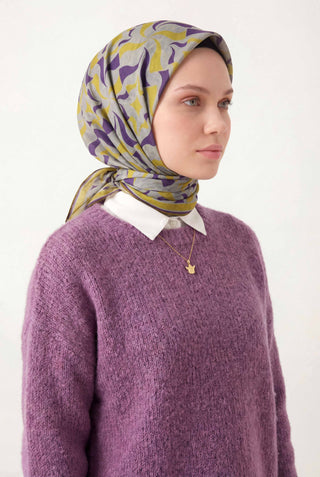 Pamuk Karışımlı Eşarp Soluk Gri Geometrik Dalga Desen Soft Dokulu Kaymaz 90X90