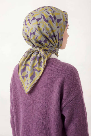 Pamuk Karışımlı Eşarp Soluk Gri Geometrik Dalga Desen Soft Dokulu Kaymaz 90X90