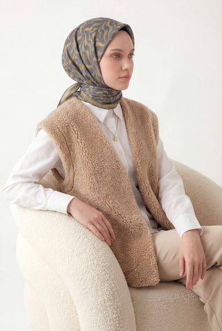 Pamuk Karışımlı Eşarp Gri Geometrik Dalga Desen Soft Dokulu Kaymaz 90X90
