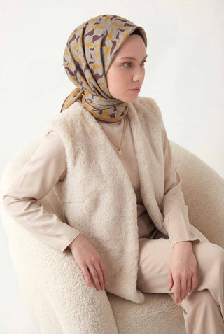 Pamuk Karışımlı Eşarp Mavi Gri Geometrik Dalga Desen Soft Dokulu Kaymaz 90X90