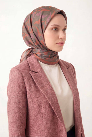 Pamuk Karışımlı Eşarp Mercan Geometrik Dalga Desen Soft Dokulu Kaymaz 90X90